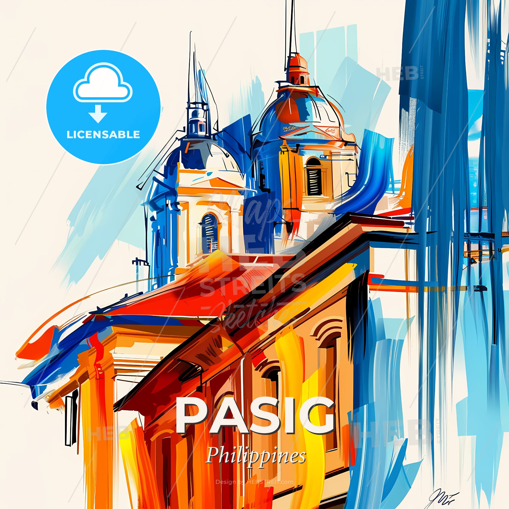 Vibrant Pasig, Philippines - A Painting Of A Building With A Dome Shaped Roof - Square format print template