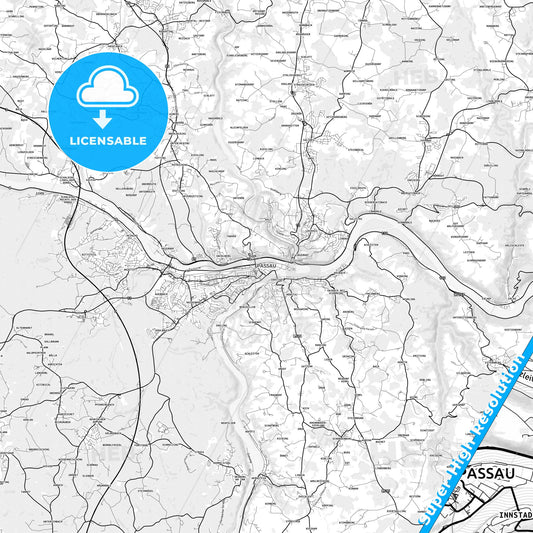 Passau, Germany light map with streetnames, citynames and districts