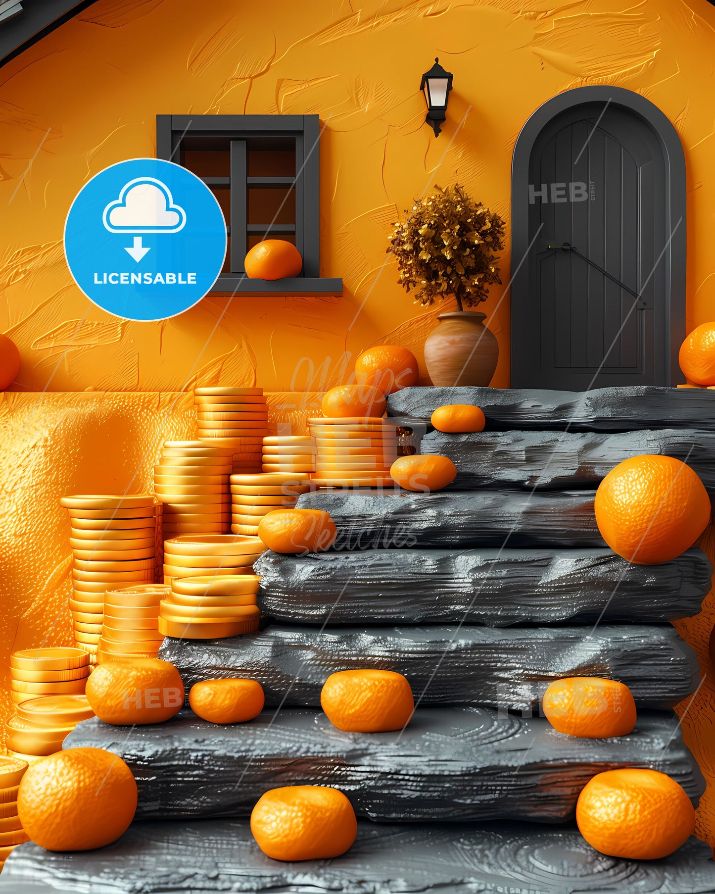 Art Print: Stone Steps With Oranges - Depicting Continuous and Stable Passive Income Streams