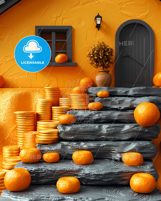 Art Print: Stone Steps With Oranges - Depicting Continuous and Stable Passive Income Streams