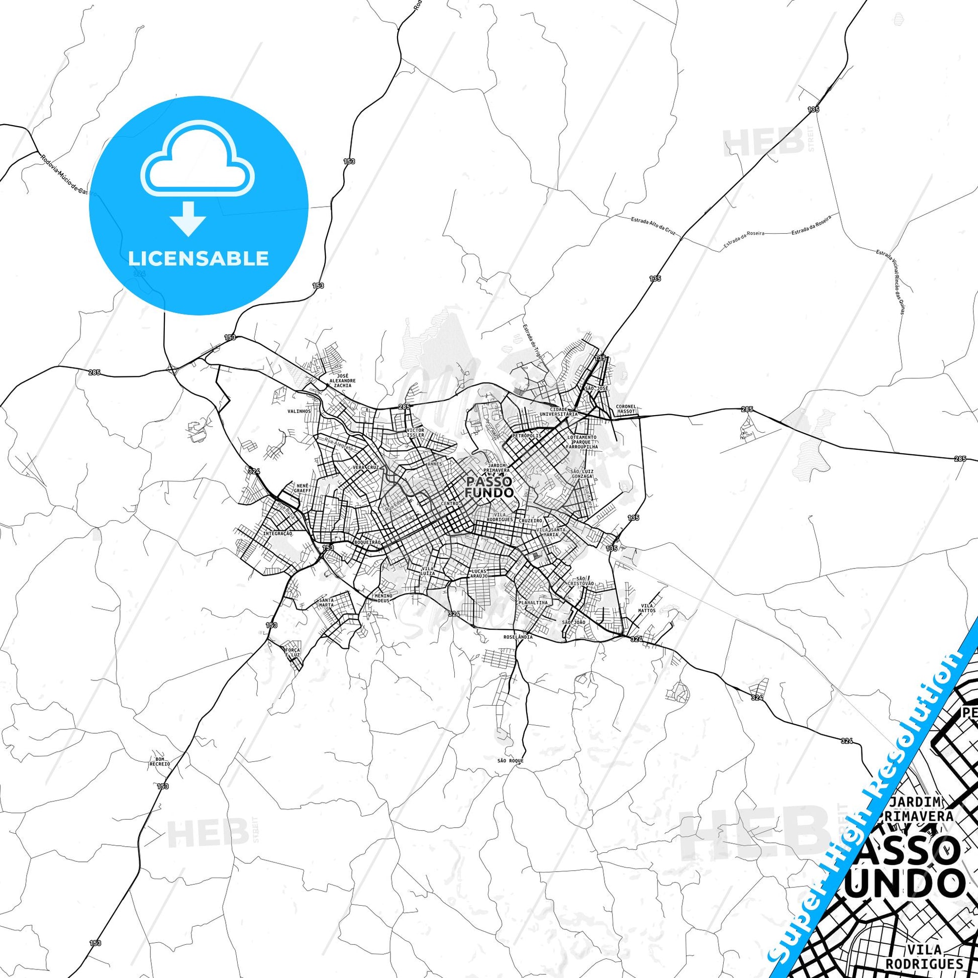 Passo Fundo, Brazil light map with streetnames, citynames and districts