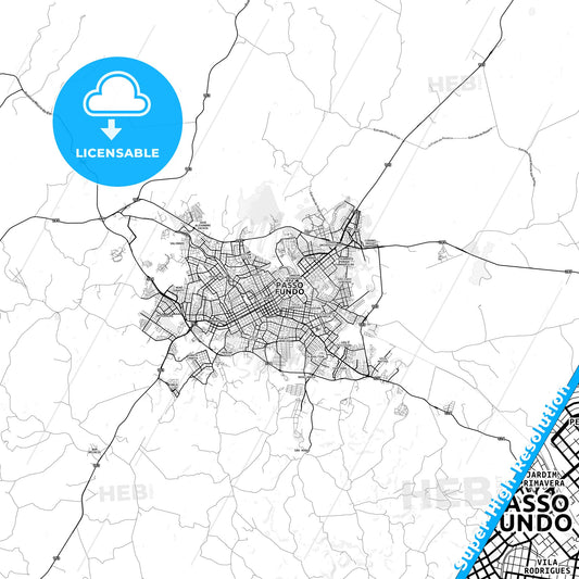 Passo Fundo, Brazil light map with streetnames, citynames and districts
