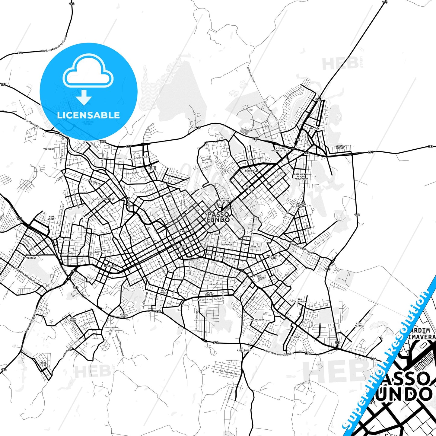 Passo Fundo, Brazil Light Map with Street Names, City Names, and Districts