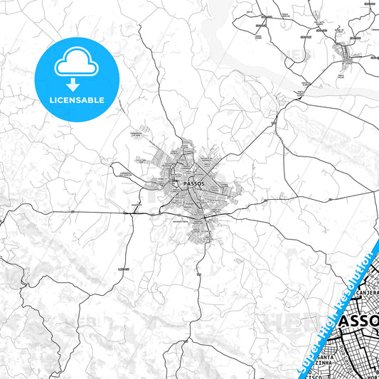 Passos, Brazil light map with streetnames, citynames and districts
