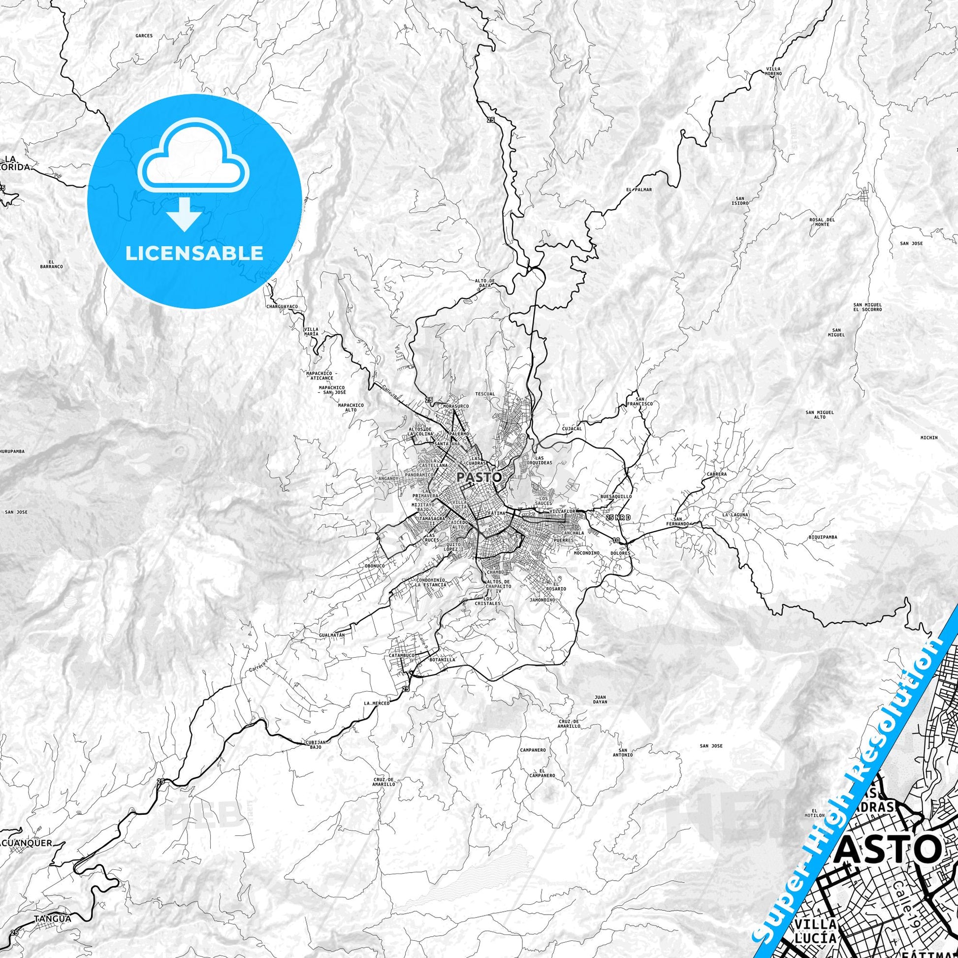 Pasto, Colombia light map with streetnames, citynames and districts
