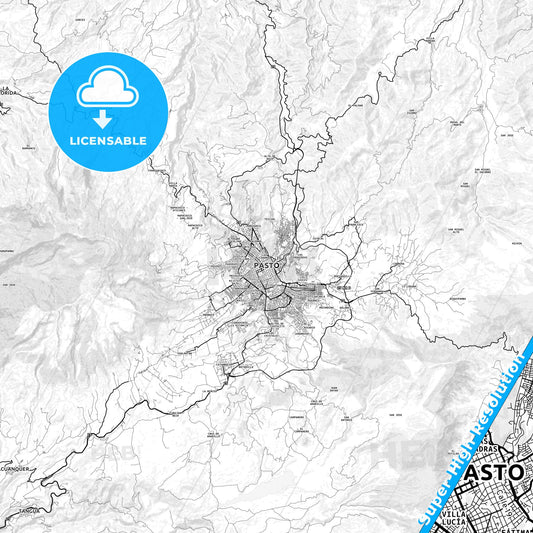 Pasto, Colombia light map with streetnames, citynames and districts