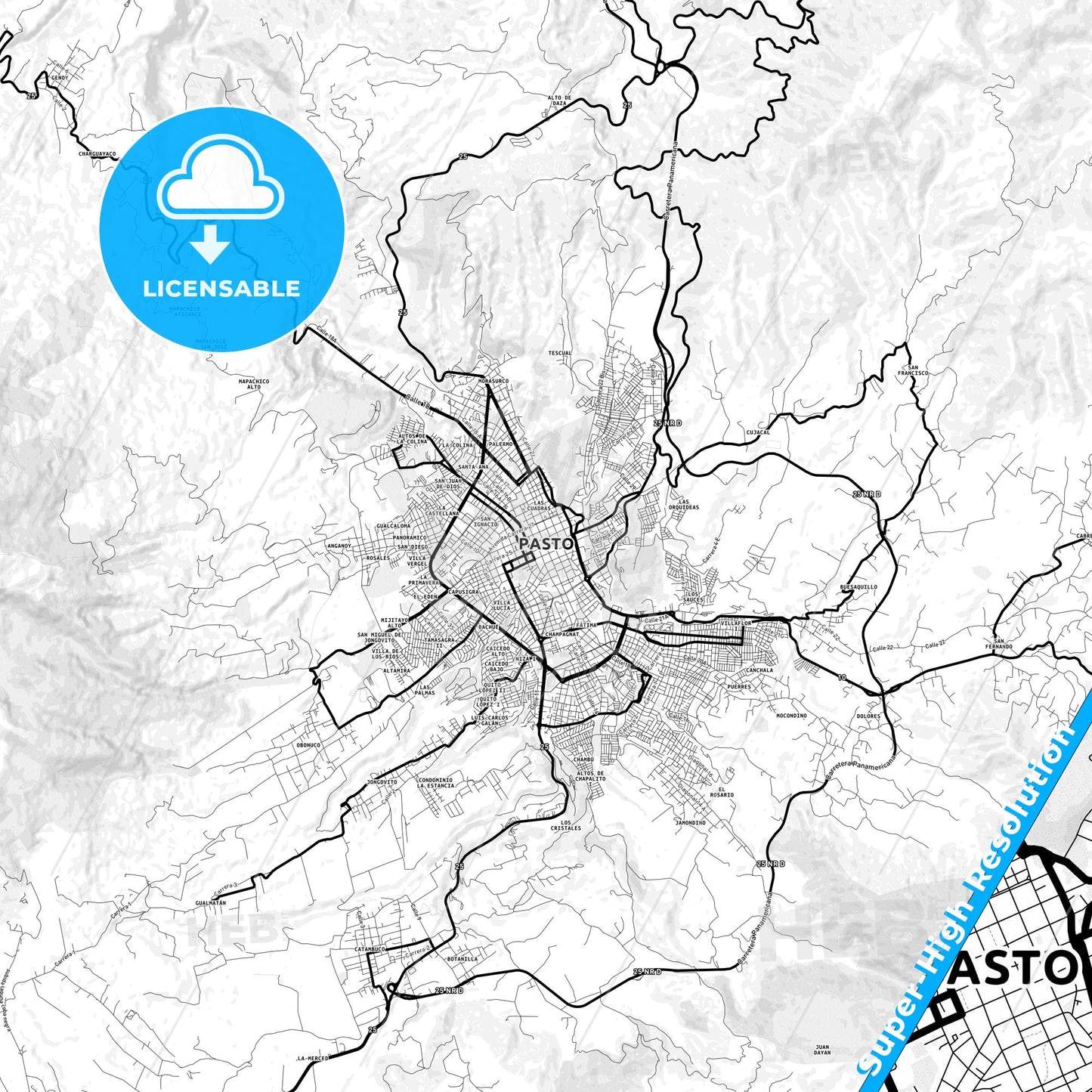 Pasto, Colombia Light Map with Street Names, City Names, and Districts