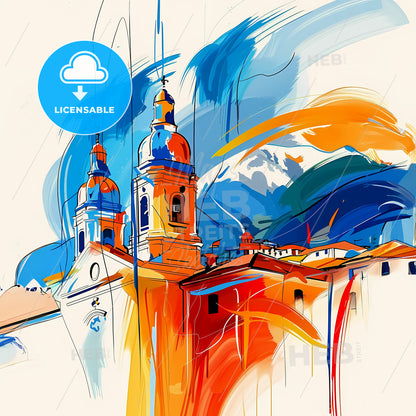 Vibrant Pasto, Colombia - A Painting Of A Building With A Colorful Background