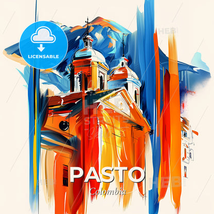 Vibrant Pasto, Colombia - A Painting Of A Building With A Mountain In The Background - Square format print template