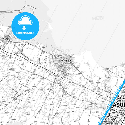 Pasuruan, Indonesia light map with streetnames, citynames and districts