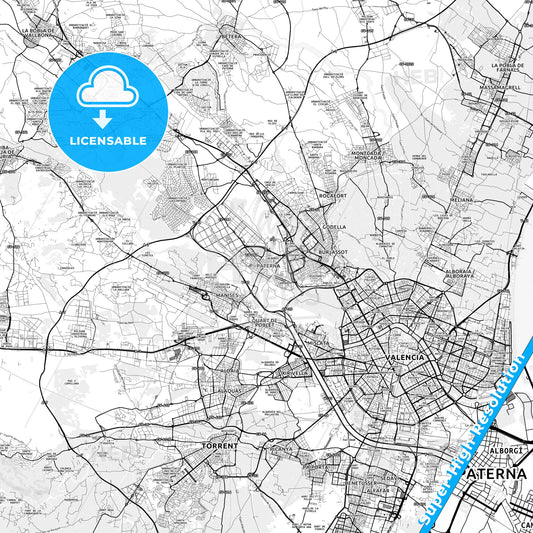 Paterna, Spain light map with streetnames, citynames and districts