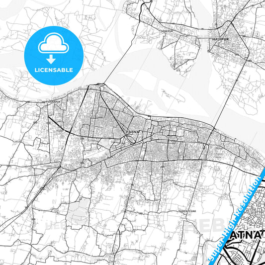 Patna, India light map with streetnames, citynames and districts