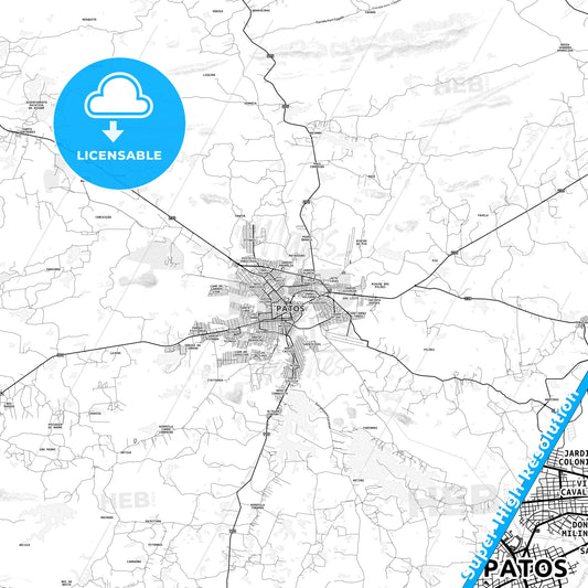 Patos, Brazil light map with streetnames, citynames and districts