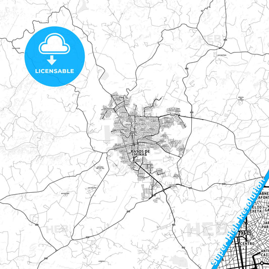 Patos de Minas, Brazil light map with streetnames, citynames and districts