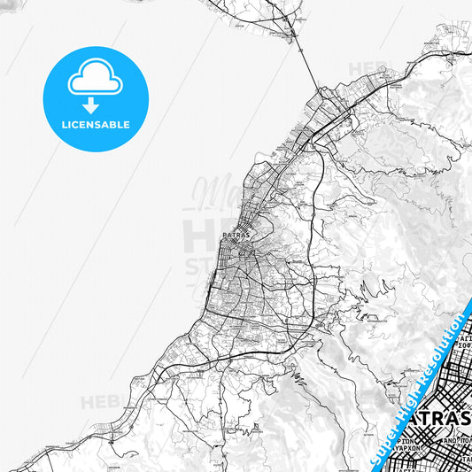 Patras, Greece light map with streetnames, citynames and districts