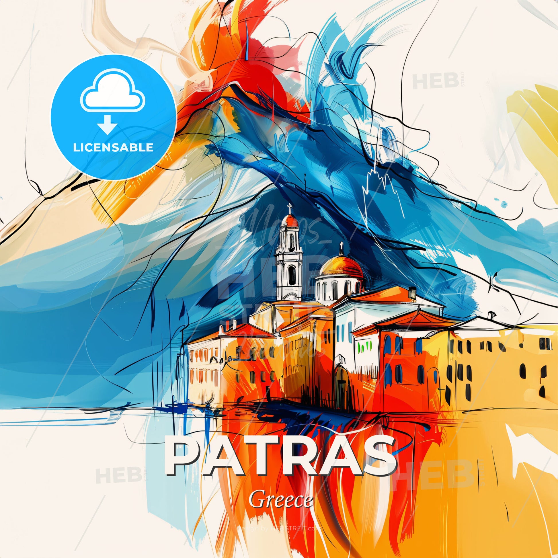 Vibrant Patras, Greece - A Painting Of A Volcano And A Building - Square format print template