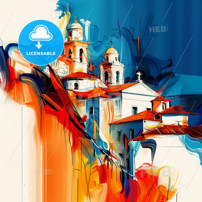 Vibrant Patras, Greece - A Painting Of A Building With A Colorful Background