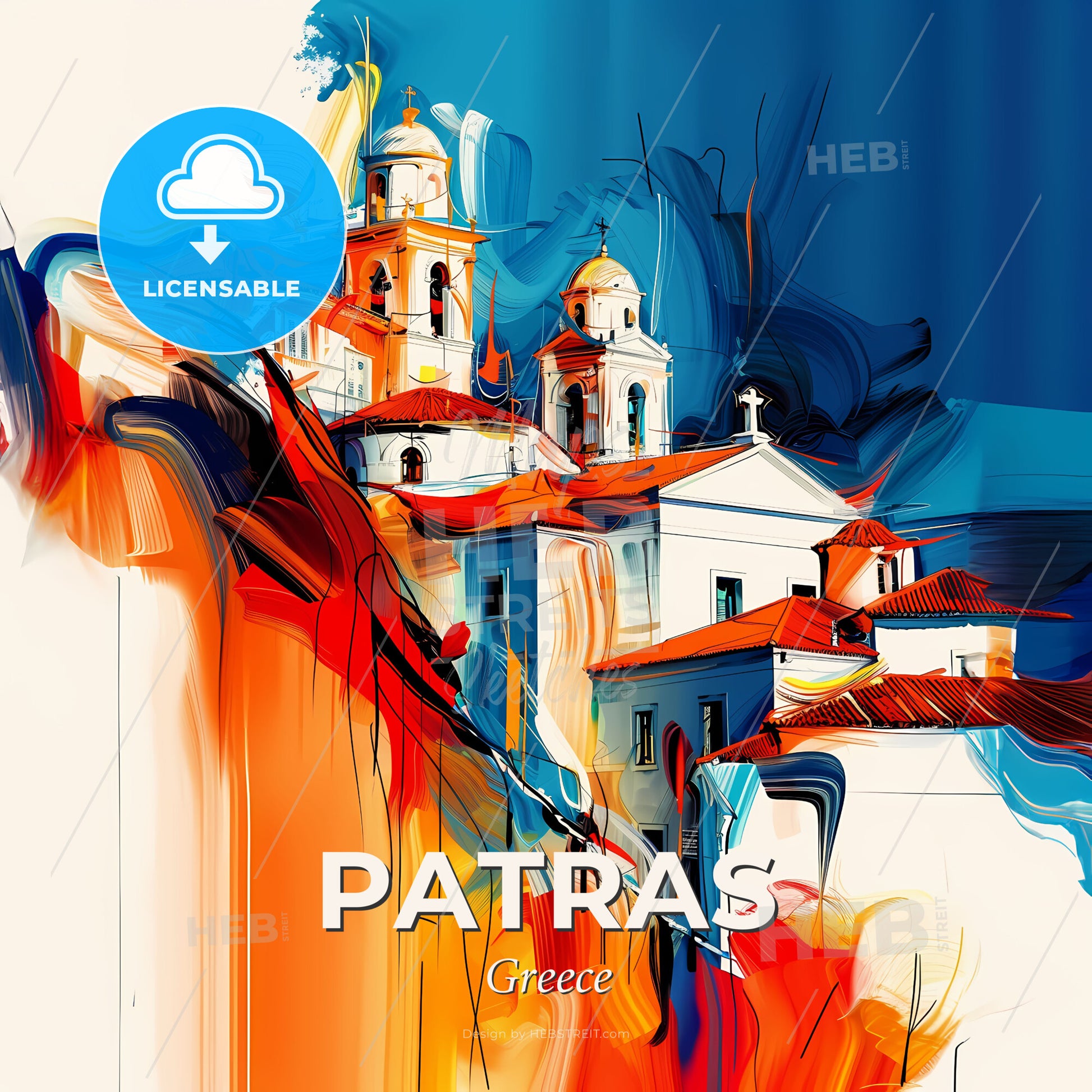 Vibrant Patras, Greece - A Painting Of A Building With A Colorful Background - Square format print template