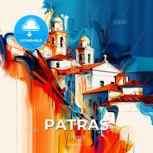 Vibrant Patras, Greece - A Painting Of A Building With A Colorful Background - Square format print template