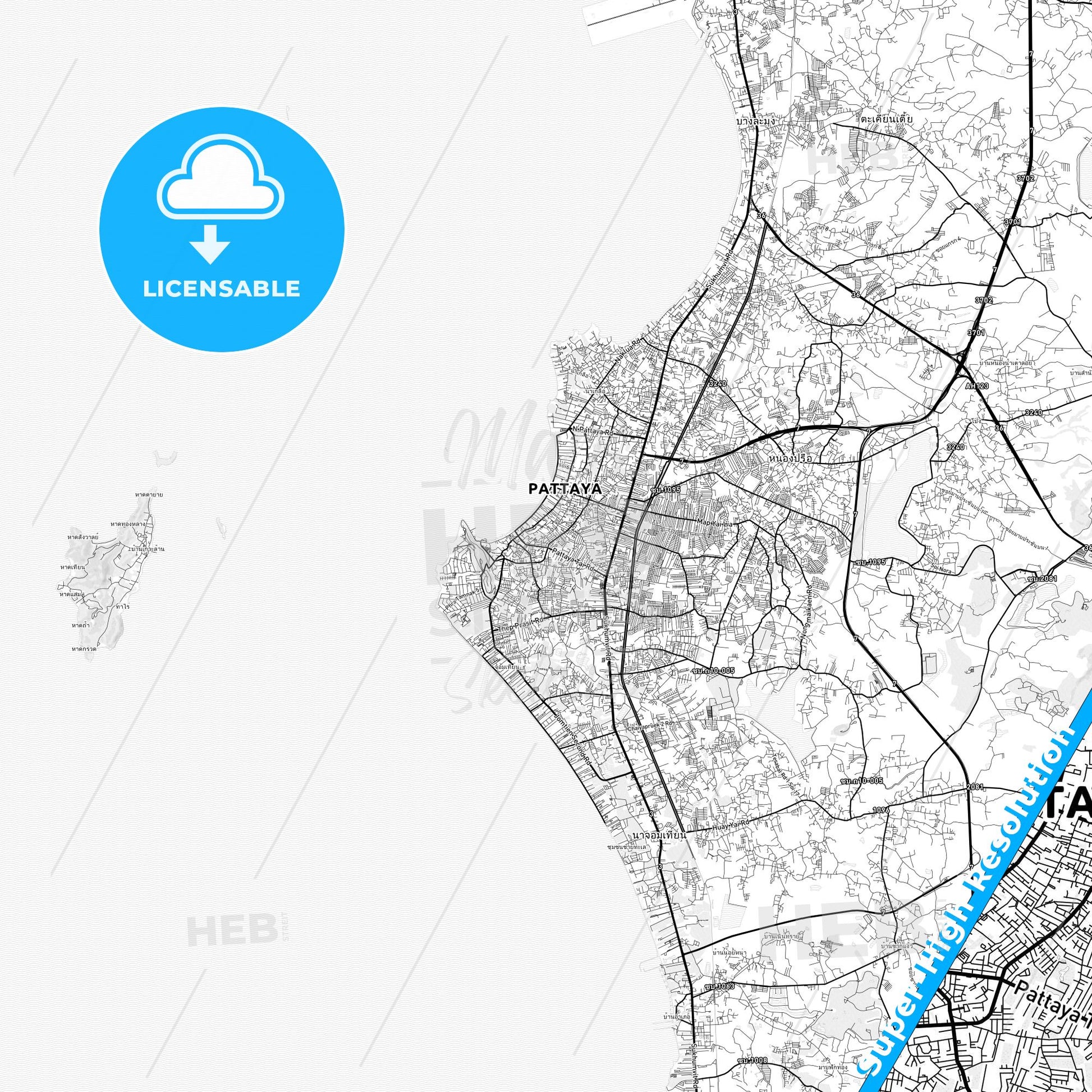 Pattaya, Thailand light map with streetnames, citynames and districts