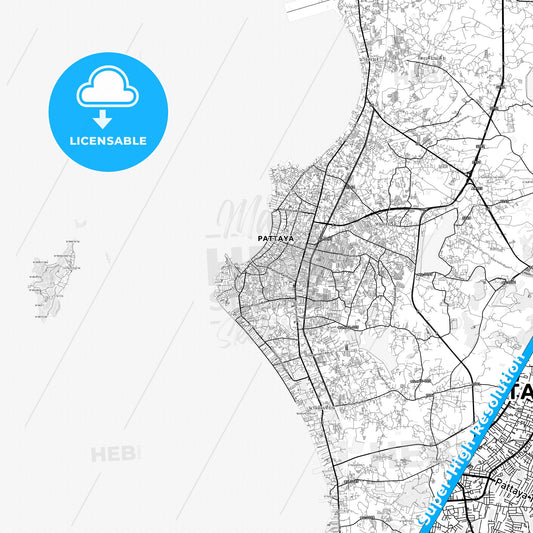 Pattaya, Thailand light map with streetnames, citynames and districts