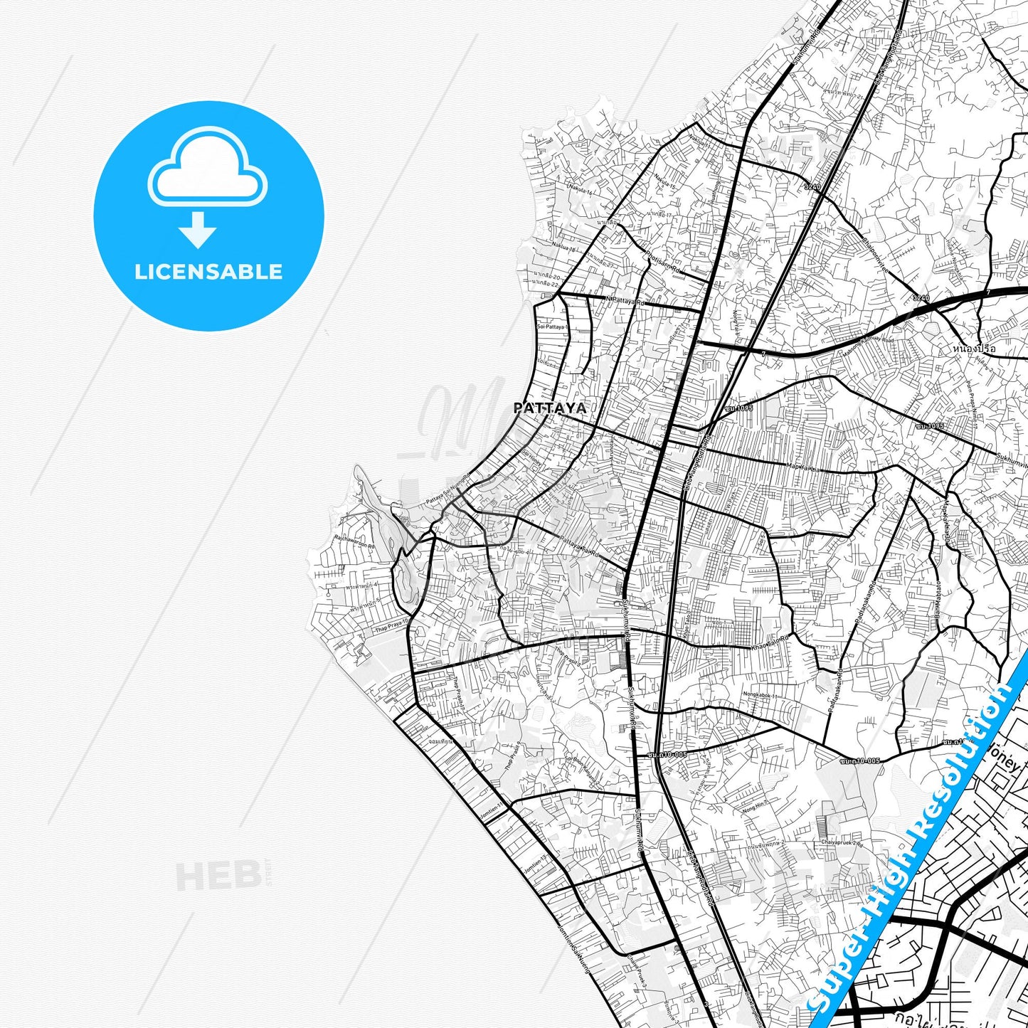 Pattaya, Thailand Light Map with Street Names, City Names, and Districts