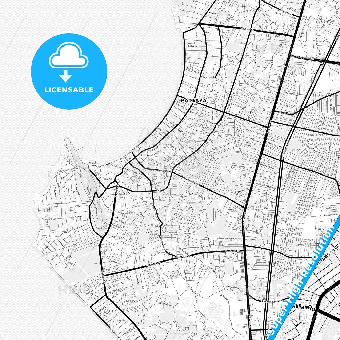 Pattaya, Thailand Light Map with Street Names, City Names, and Districts