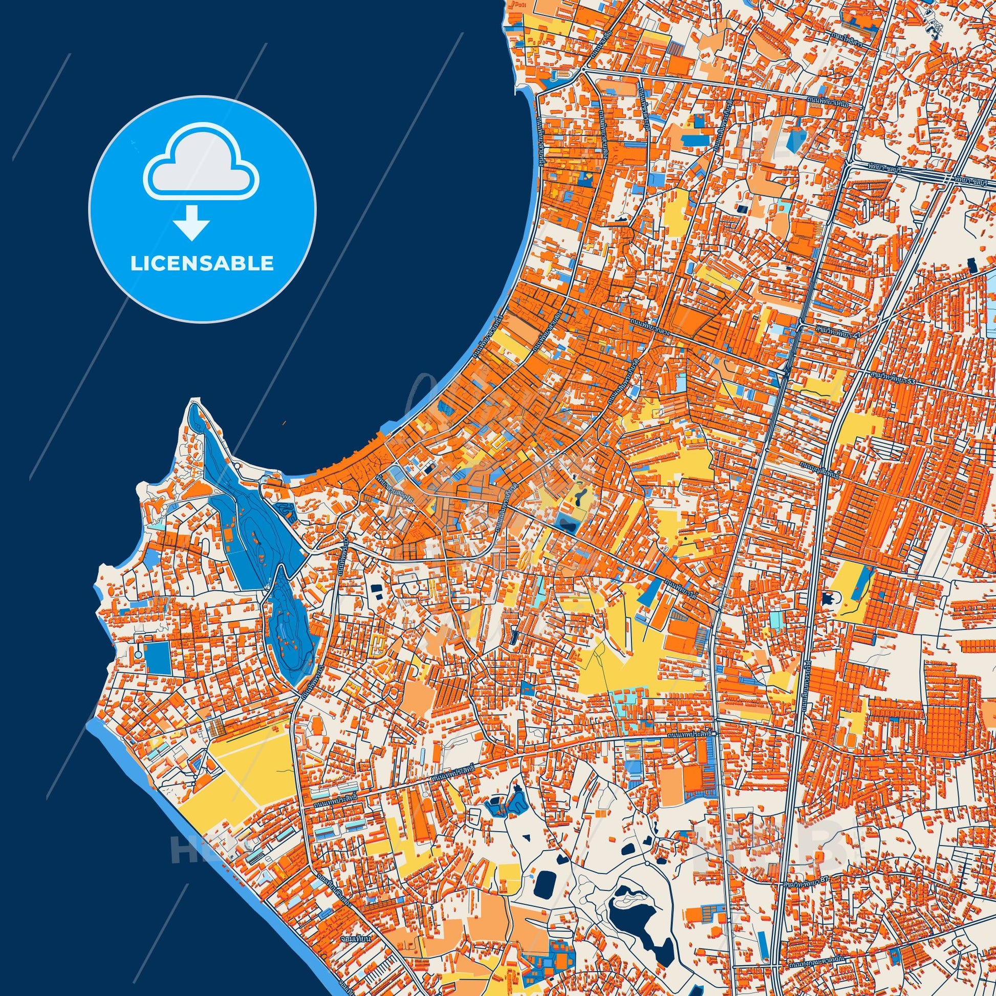 Colorful Pattaya Street Map with Labels and Buildings