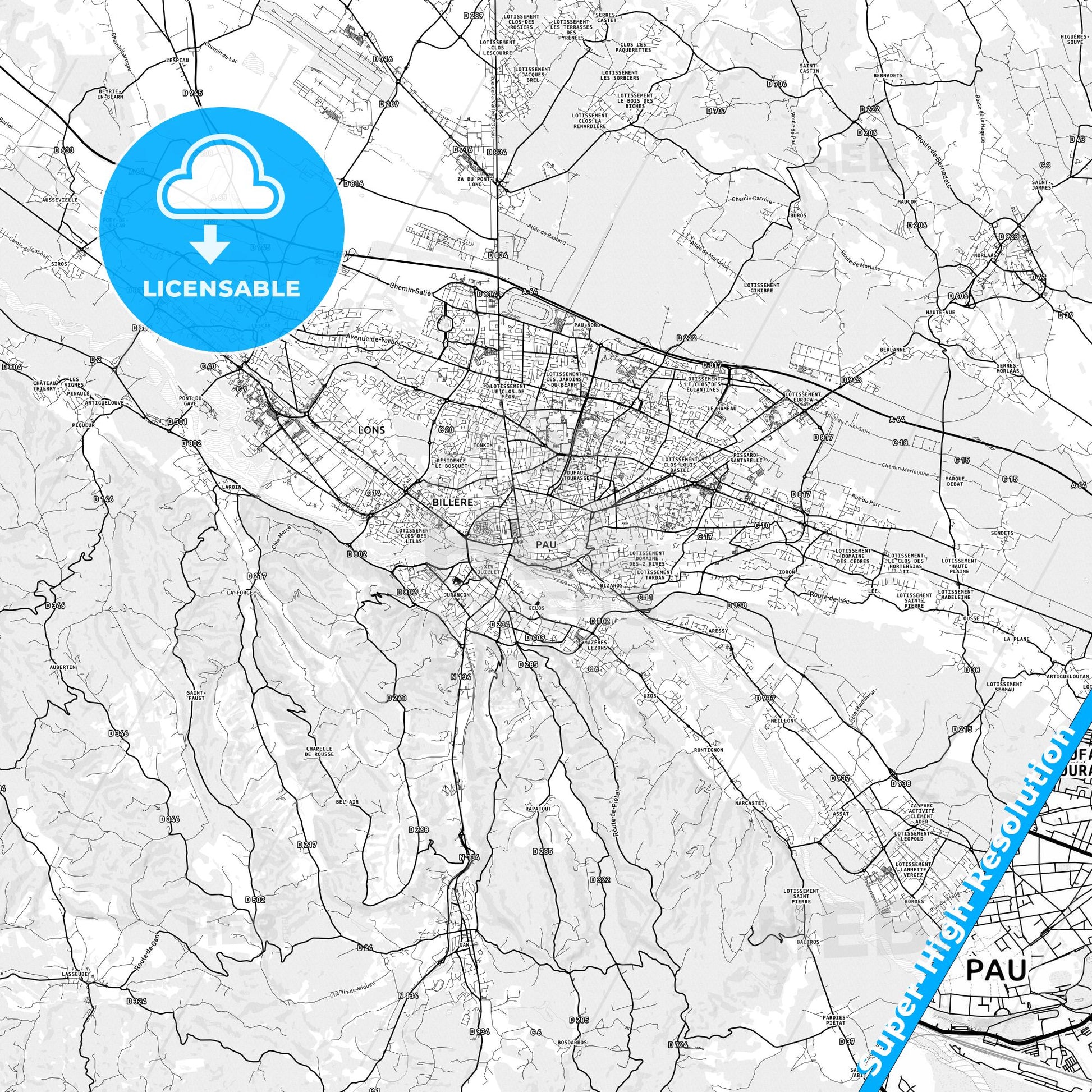 Pau, France light map with streetnames, citynames and districts