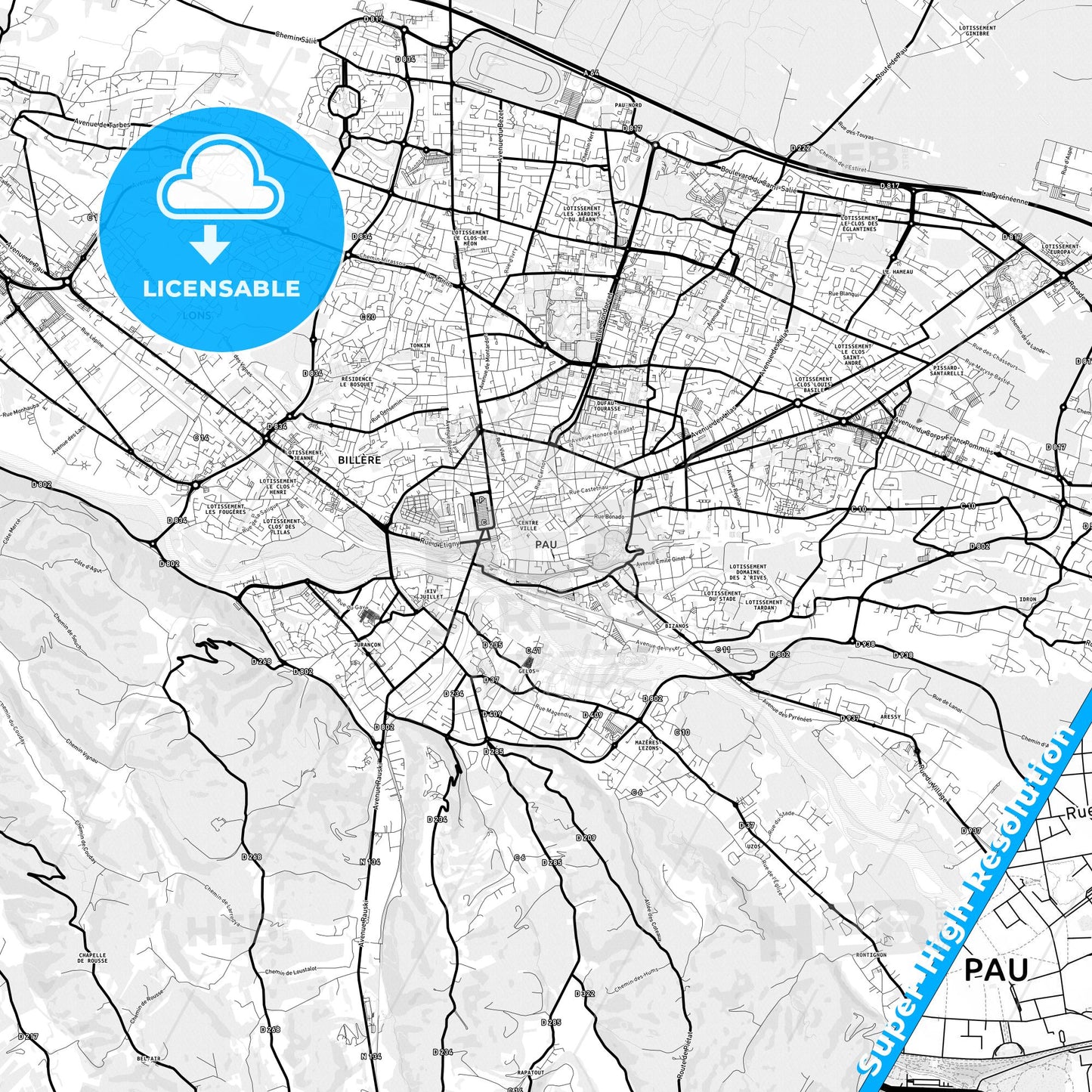 Pau, France Light Map with Street Names, City Names, and Districts