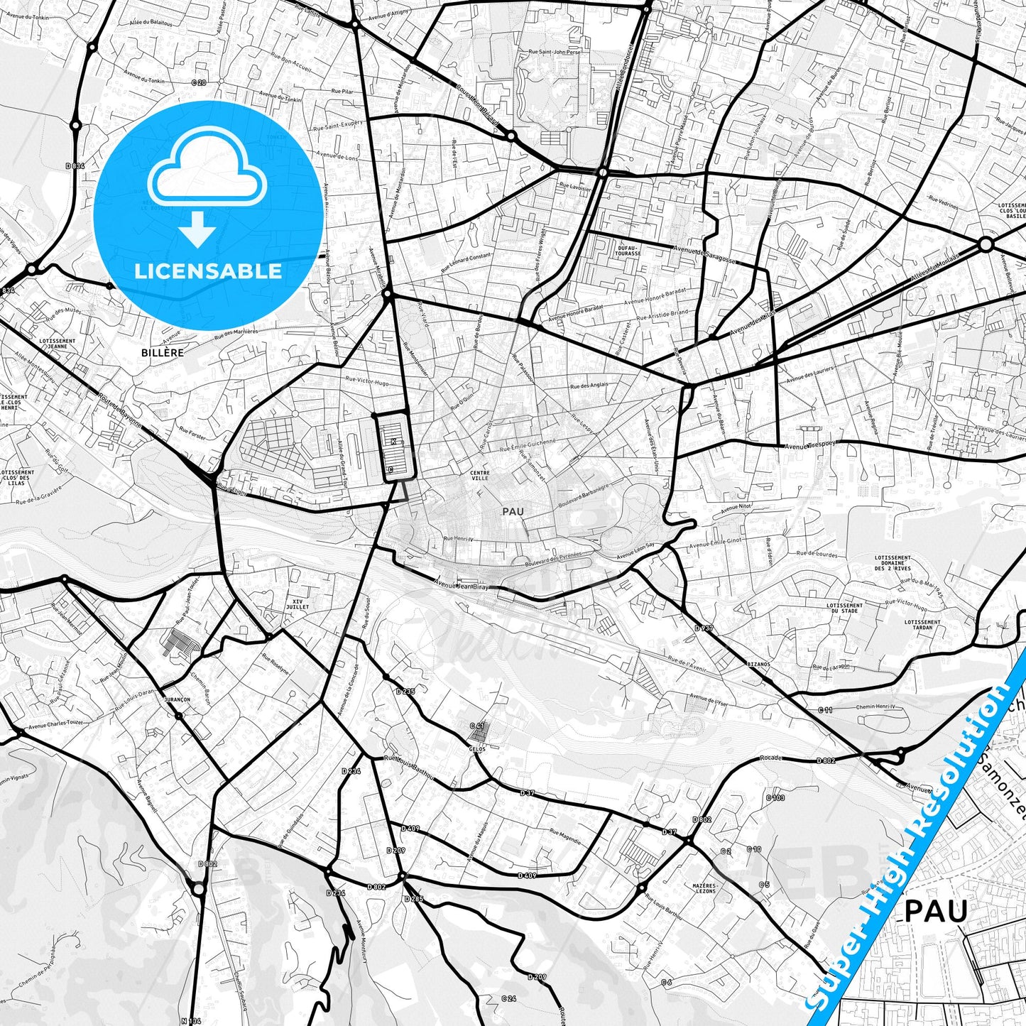Pau, France Light Map with Street Names, City Names, and Districts