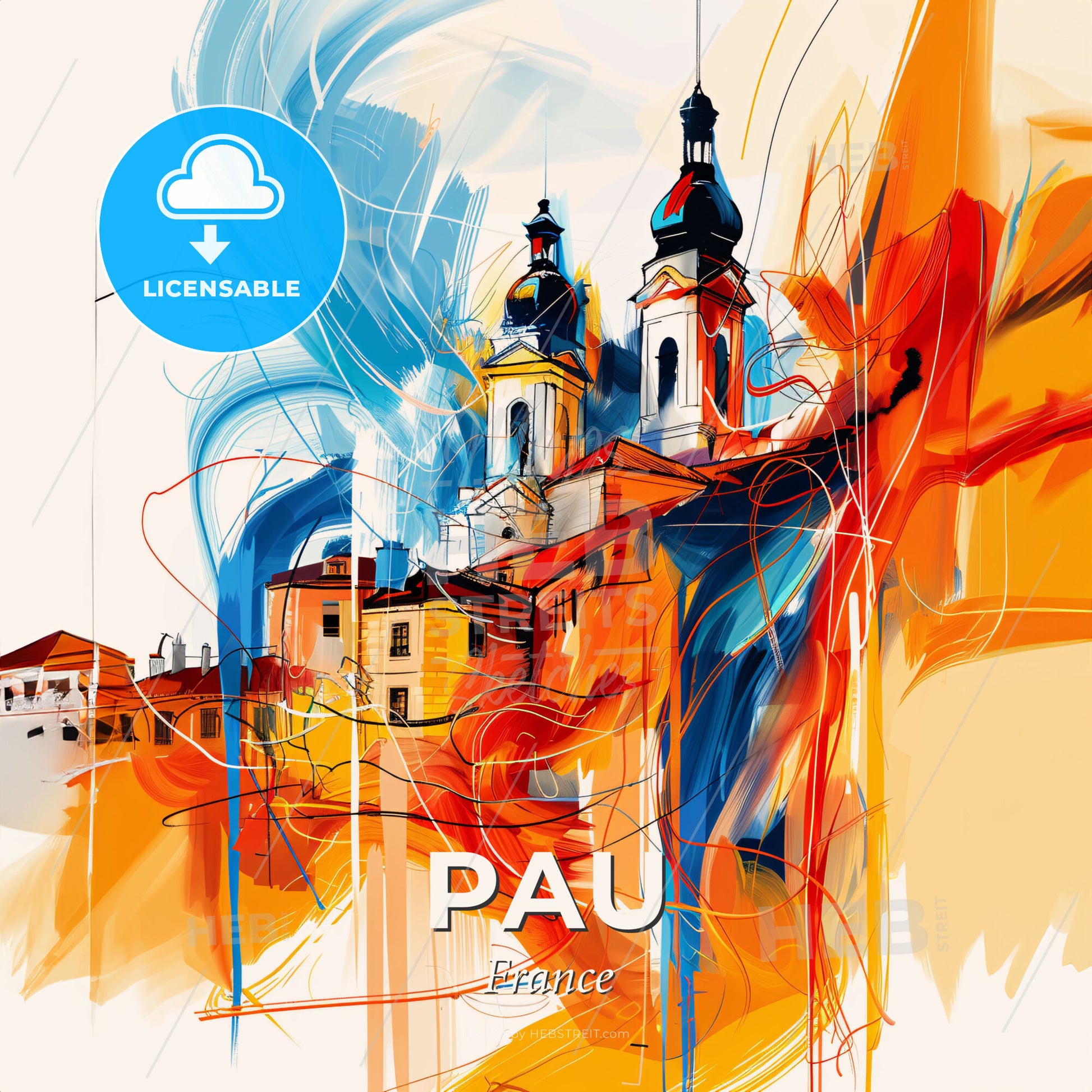 Vibrant Pau, France - A Painting Of A Building With Towers And A Blue And Orange Swirl - Square format print template