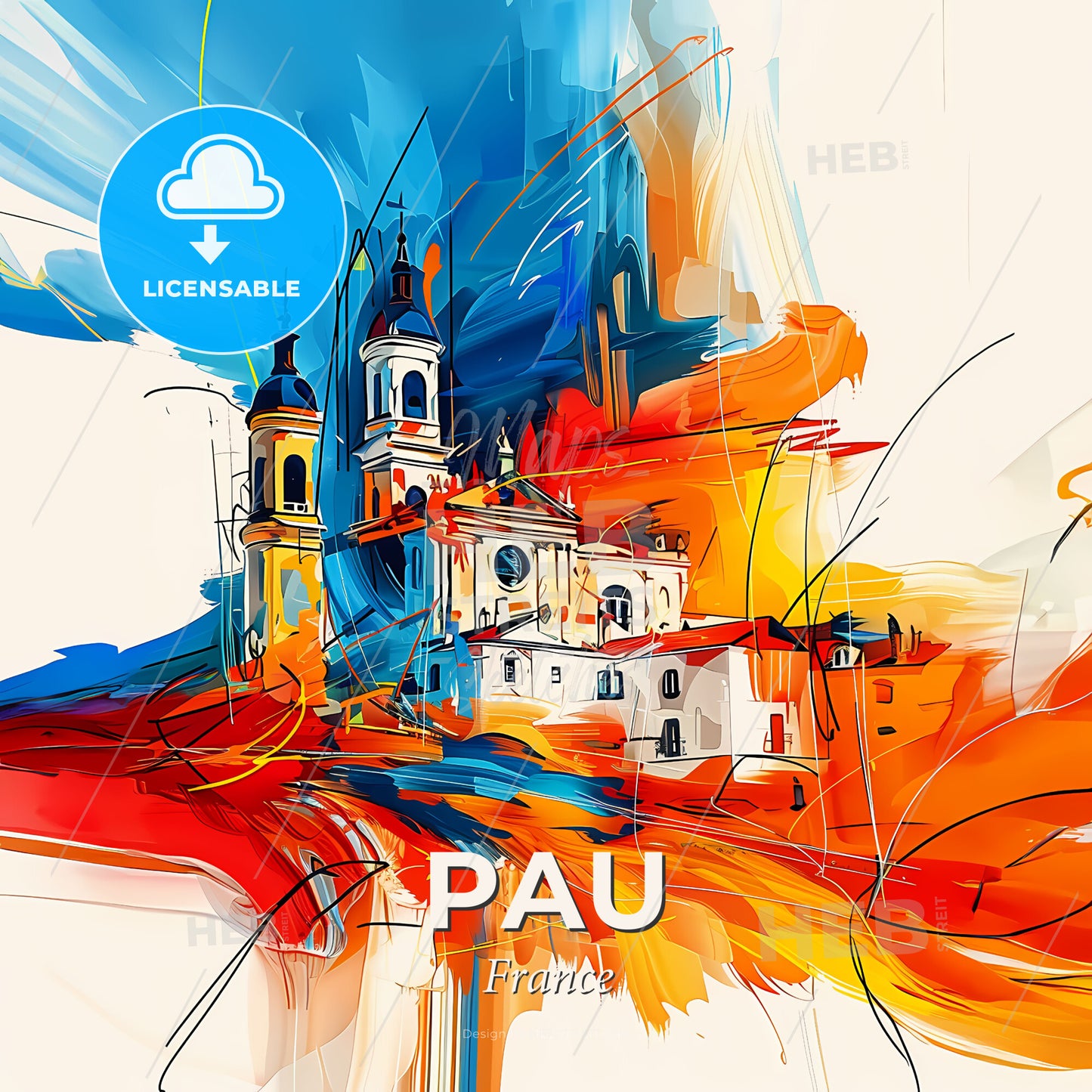 Vibrant Pau, France - A Painting Of A Building With A Colorful Background - Square format print template