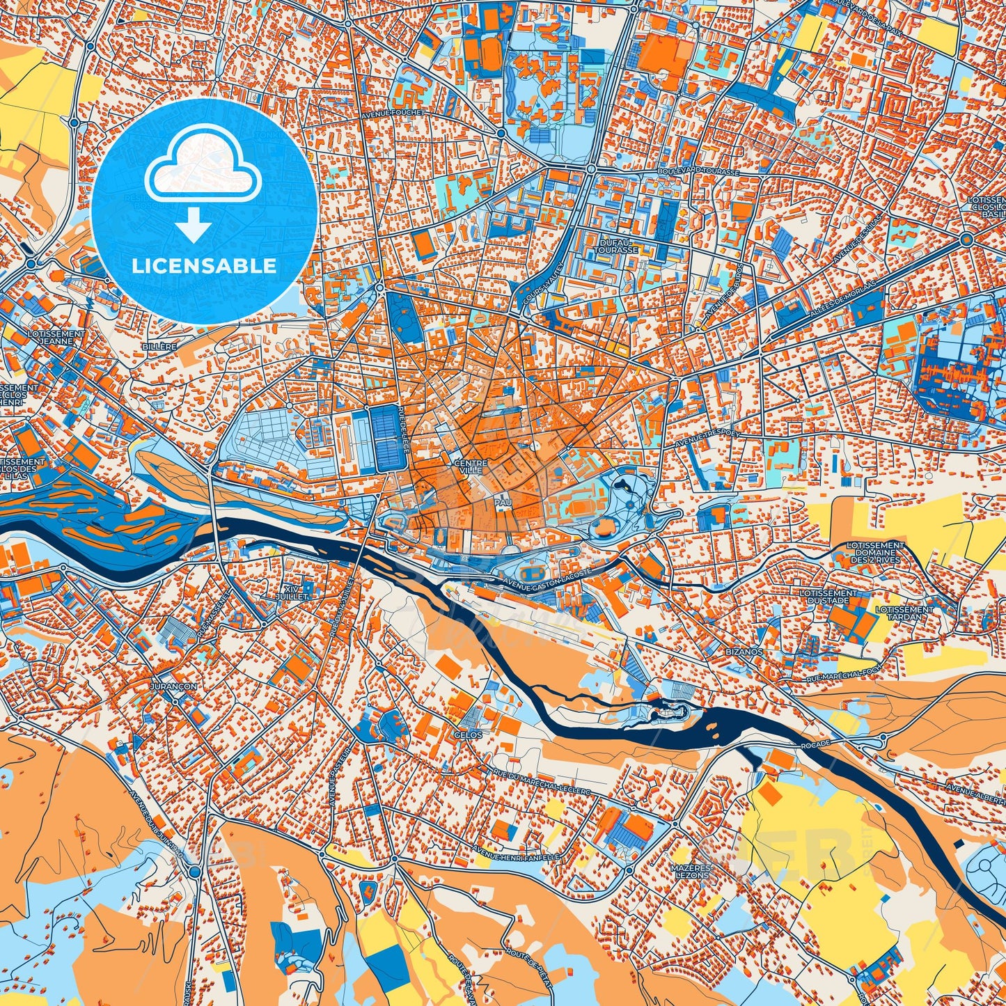 Colorful Pau Street Map with Labels and Buildings