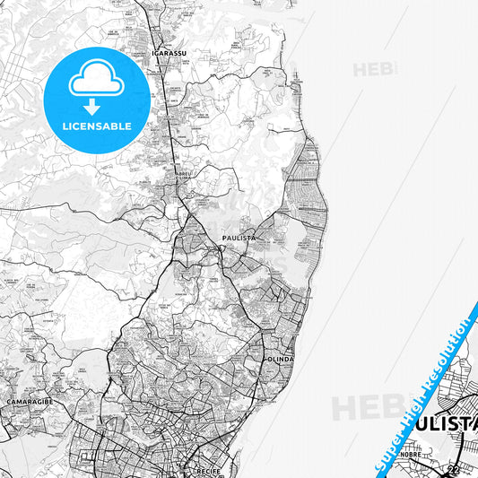 Paulista, Brazil light map with streetnames, citynames and districts
