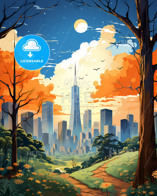 Vibrant Cityscape Painting: Paulista Brazil Skyline with Trees and Path