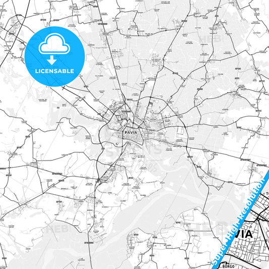 Pavia, Italy light map with streetnames, citynames and districts