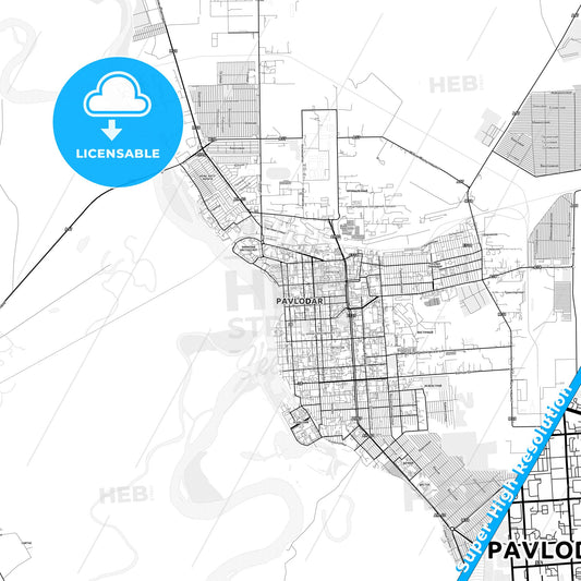 Pavlodar, Kazakhstan light map with streetnames, citynames and districts