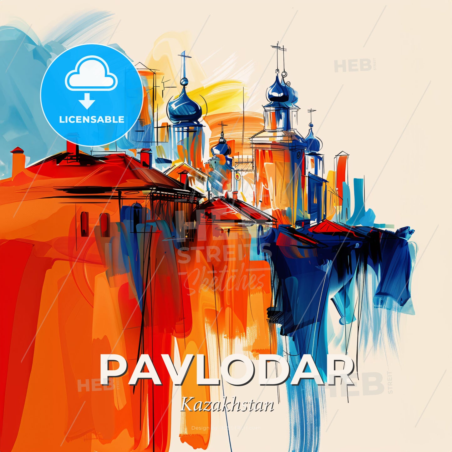 Vibrant Pavlodar, Kazakhstan - A Painting Of Buildings And Towers - Square format print template
