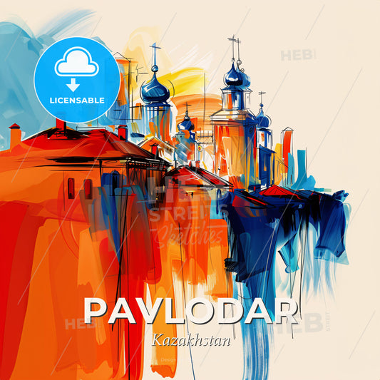 Vibrant Pavlodar, Kazakhstan - A Painting Of Buildings And Towers - Square format print template