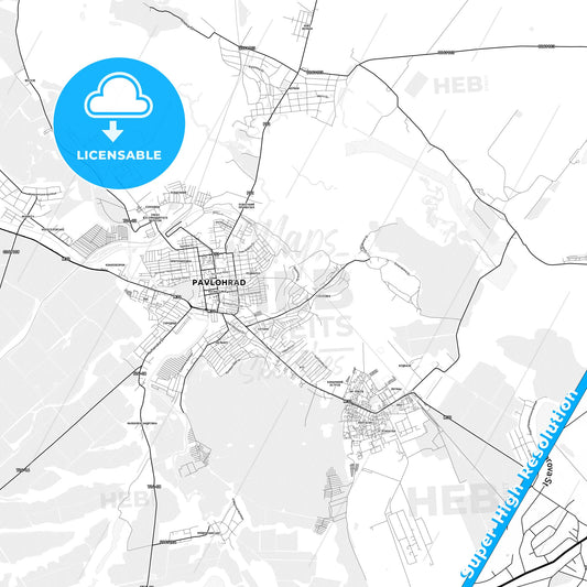 Pavlohrad, Ukraine light map with streetnames, citynames and districts