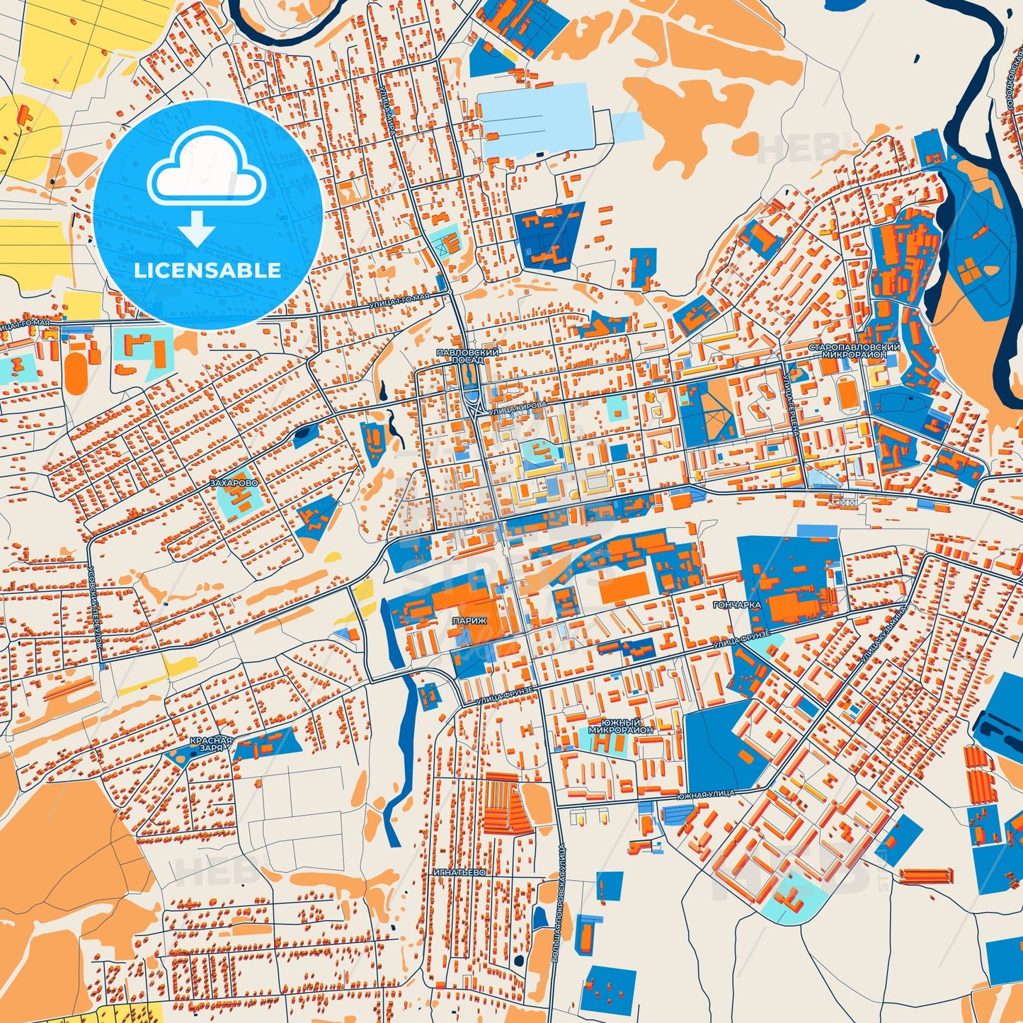 Colorful Pavlovsky Posad Street Map with Labels and Buildings