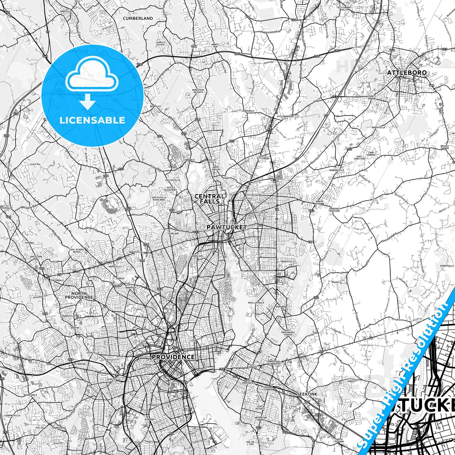 Pawtucket, Rhode Island light map with streetnames, citynames and districts