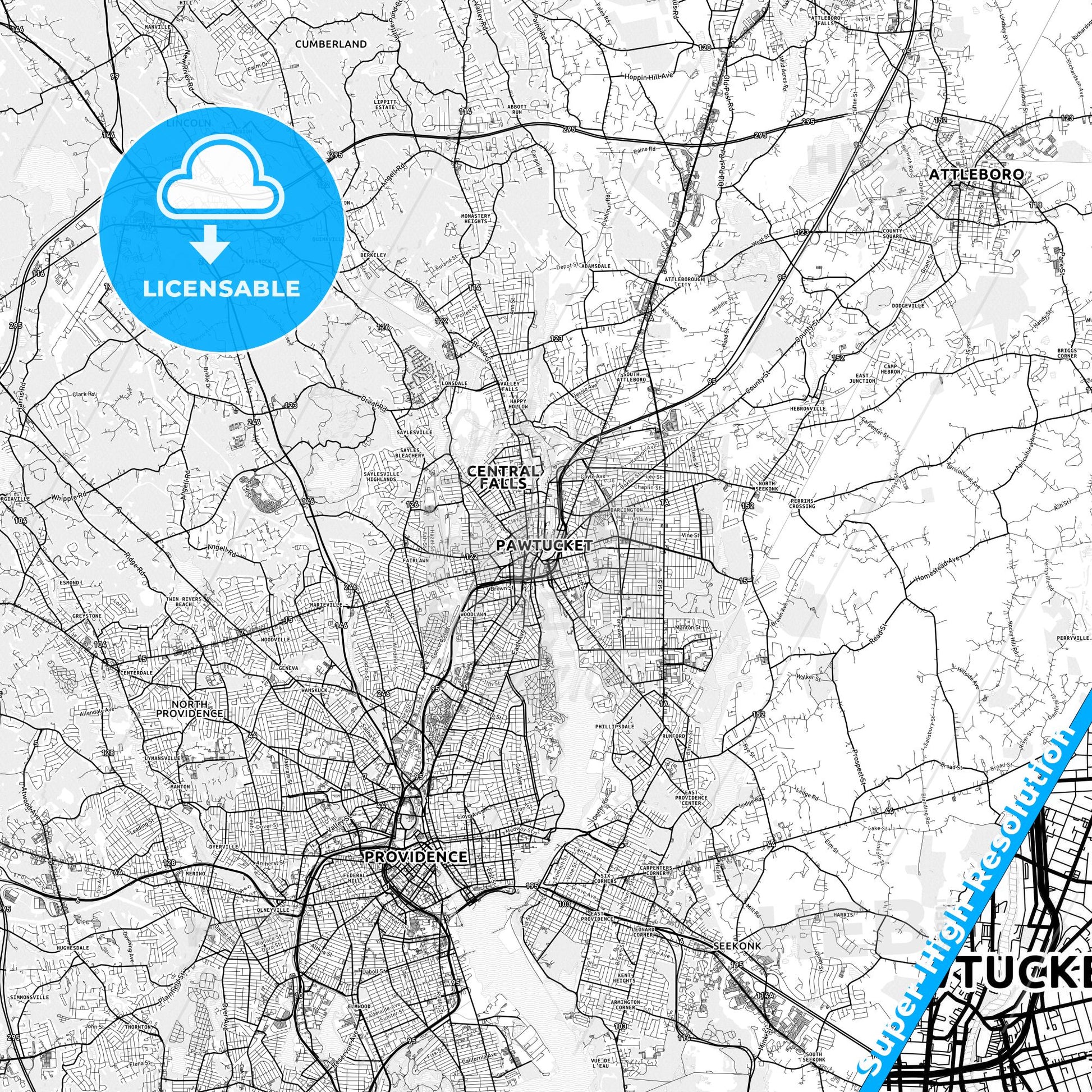 Pawtucket, Rhode Island light map with streetnames, citynames and districts
