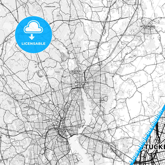 Pawtucket, Rhode Island light map with streetnames, citynames and districts