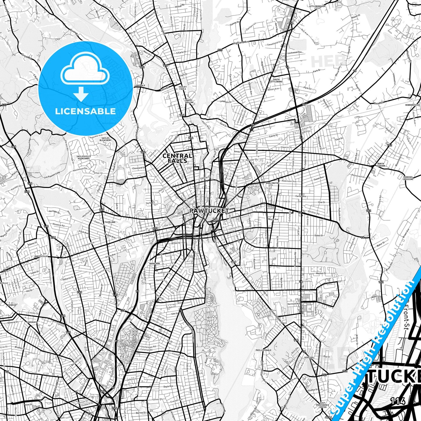 Pawtucket, Rhode Island Light Map with Street Names, City Names, and Districts