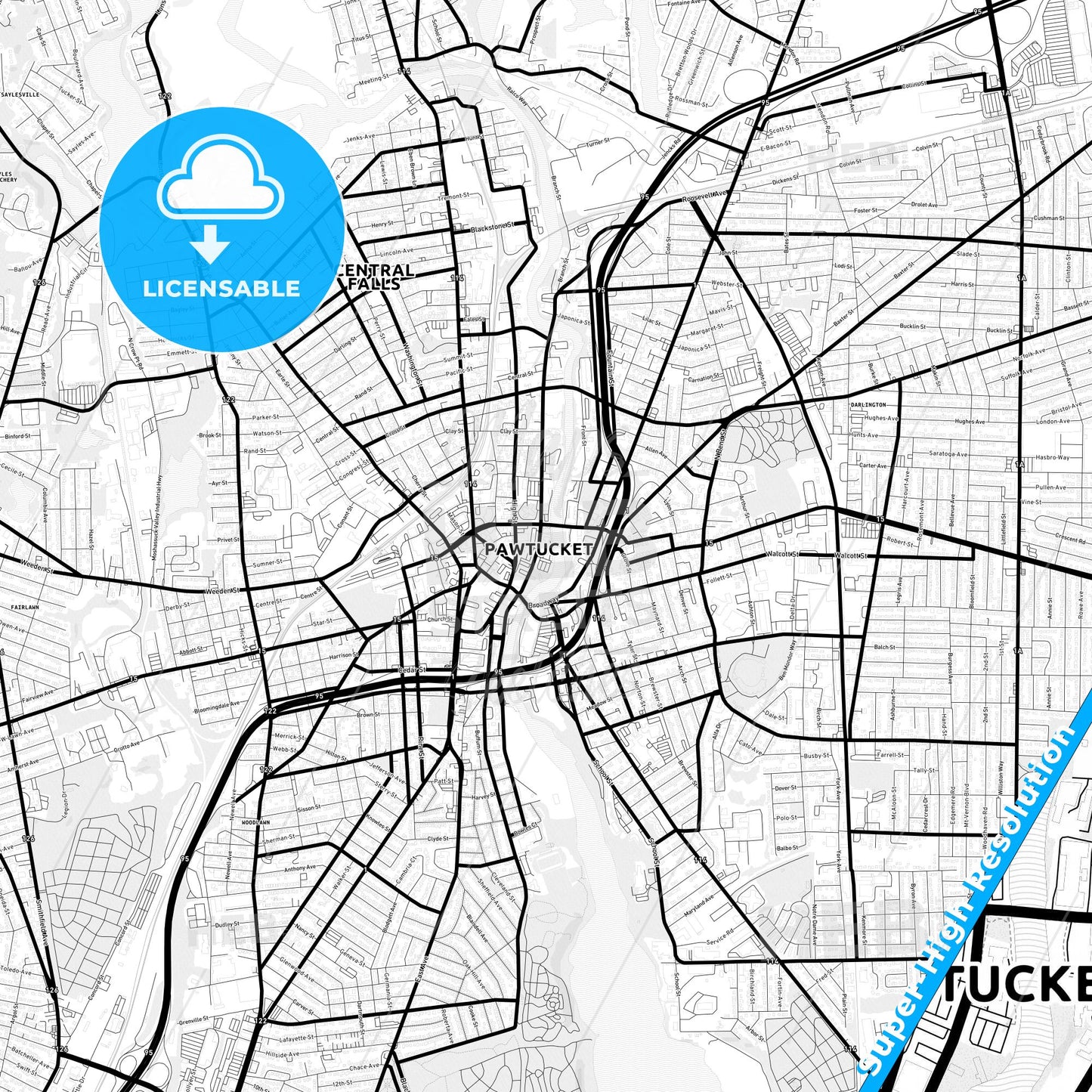 Pawtucket, Rhode Island Light Map with Street Names, City Names, and Districts
