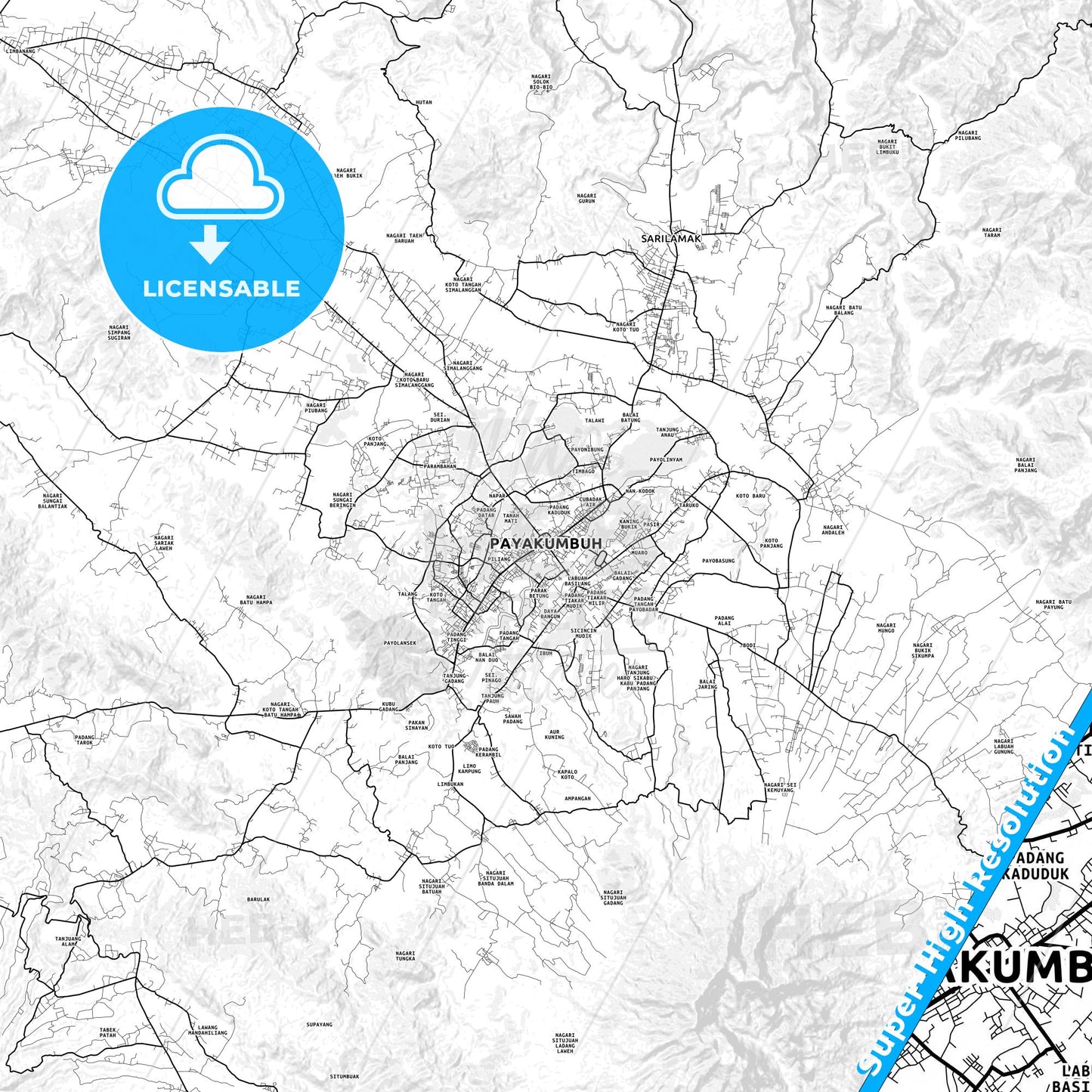 Payakumbuh, Indonesia light map with streetnames, citynames and districts