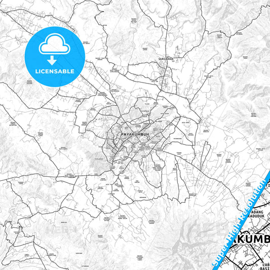 Payakumbuh, Indonesia light map with streetnames, citynames and districts