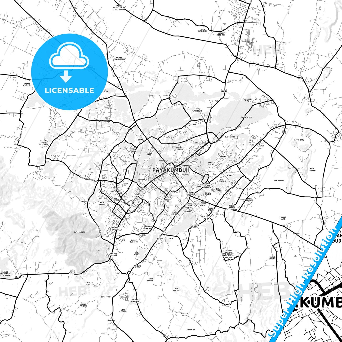 Payakumbuh, Indonesia Light Map with Street Names, City Names, and Districts